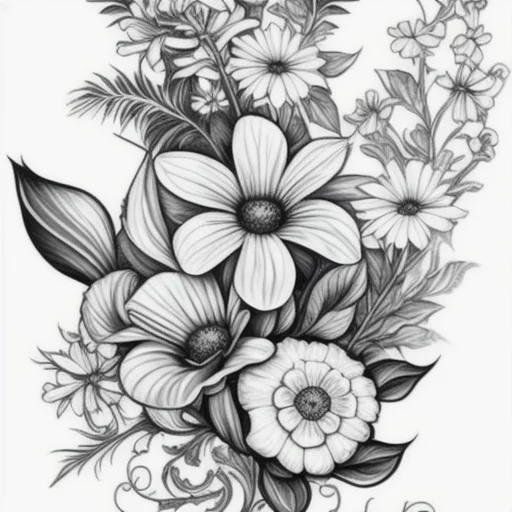 841531711-tattoo design of flowers, linneas, snapdragons, daisies, gardenias, outlines.webp